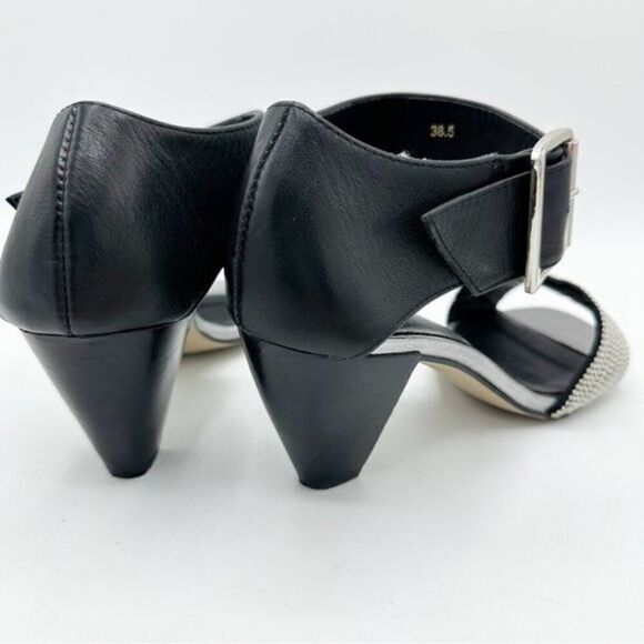 All Black Brand Women’s Black Leather Chunky Ankle Strap Sandal Slvr Micro Studs - Picture 7 of 11